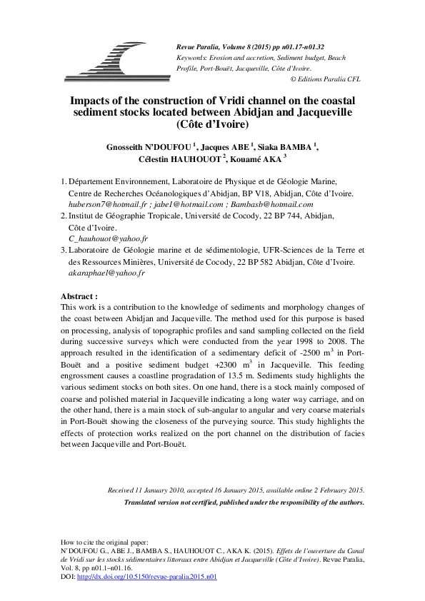 (PDF) Impacts of the construction of Vridi channel on the coastal ...