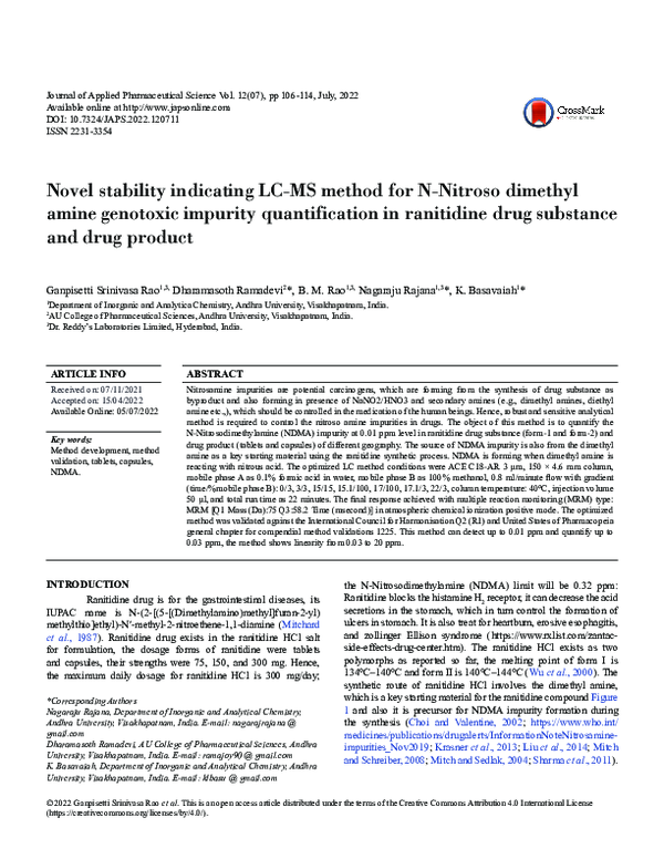 (PDF) Novel stability indicating LC-MS method for N-Nitroso dimethyl ...
