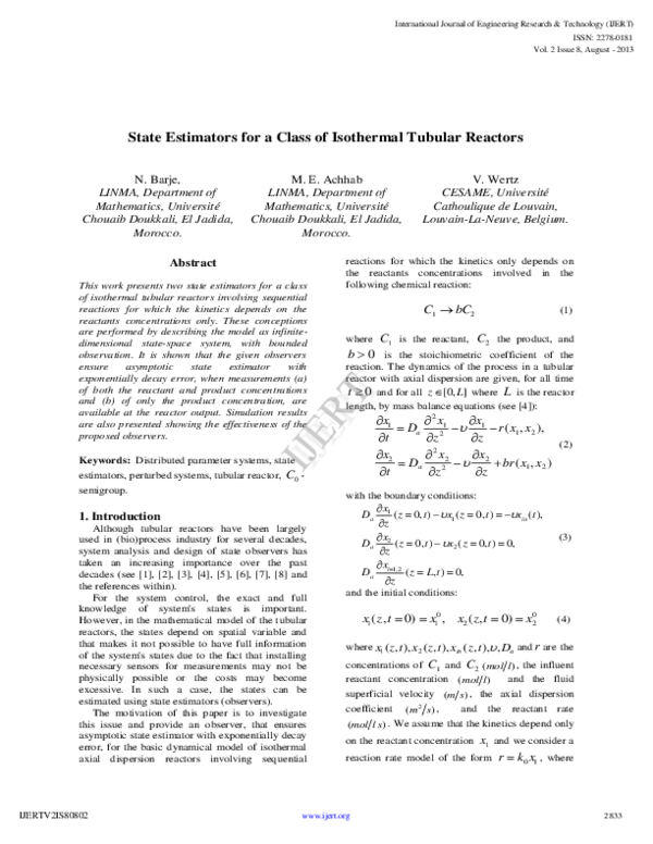(PDF) State Estimators for a Class of Isothermal Tubular Reactors