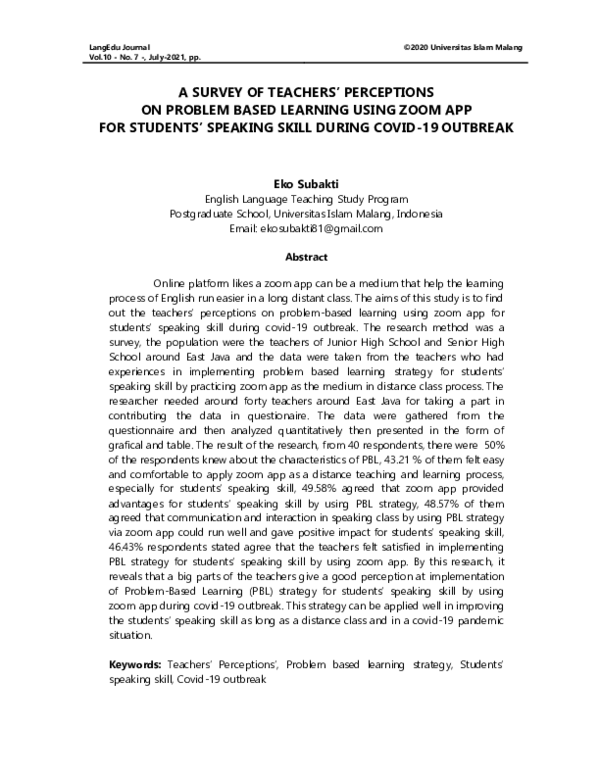 (PDF) A Survey of Teachers’ Perceptions on Problem Based Learning Using ...