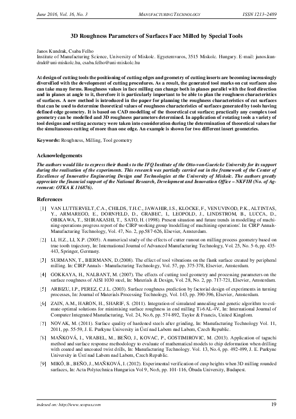 (PDF) 3D Roughness Parameters of Surfaces Face Milled by Special Tools