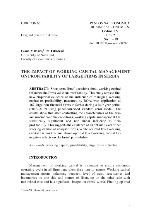 (PDF) The impact of working capital management on profitability of ...