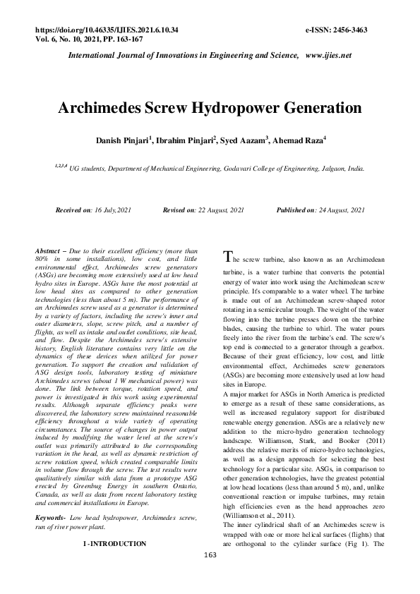 (PDF) Archimedes Screw Hydropower Generation