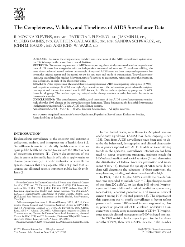 Pdf The Completeness Validity And Timeliness Of Aids Surveillance Data