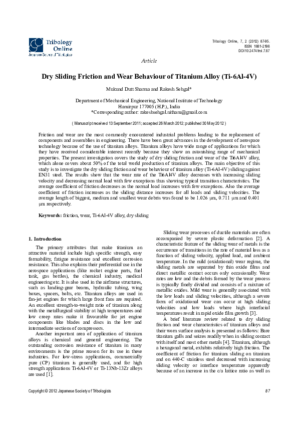 (PDF) Dry Sliding Friction and Wear Behaviour of Titanium Alloy (Ti-6Al-4V)