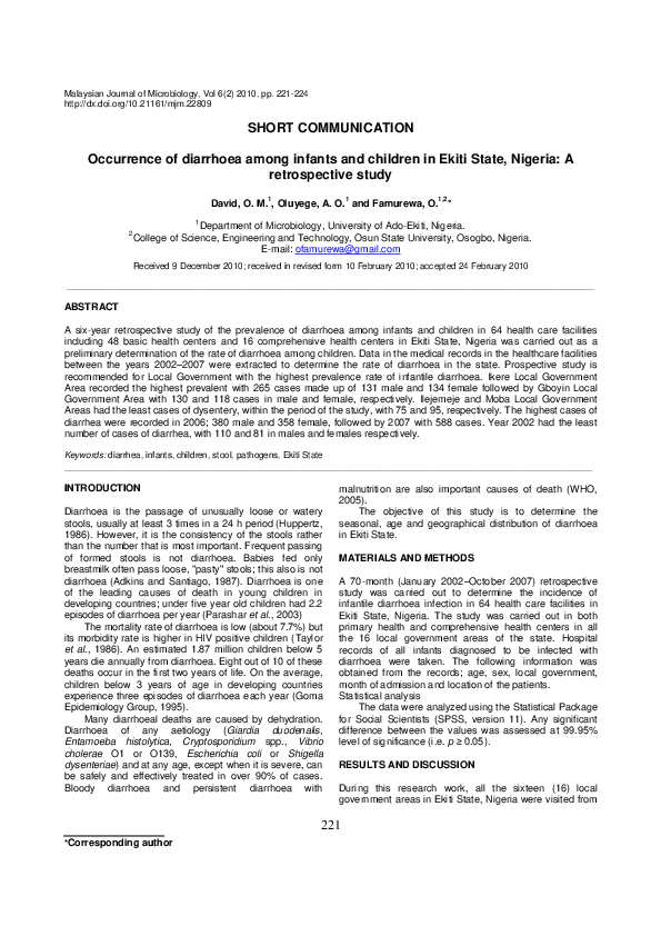 (PDF) Occurrence of diarrhoea among infants and children in Ekiti State ...