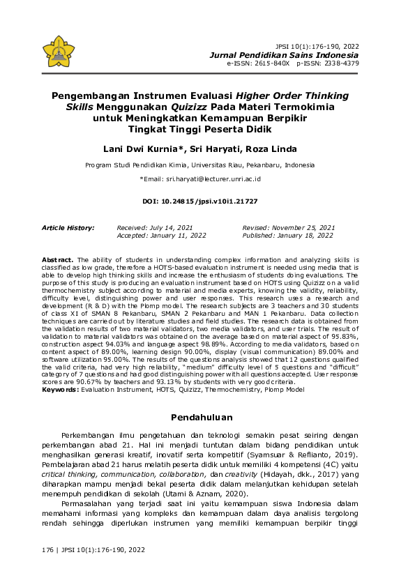 (PDF) Pengembangan Instrumen Evaluasi Higher Order Thinking Skills ...