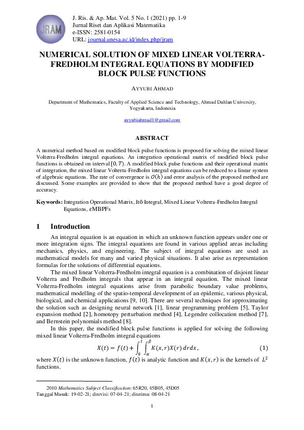 (PDF) Numerical Solution of Mixed Linear Volterra-Fredholm Integral ...
