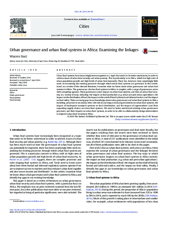 (PDF) Urban governance and urban food systems in Africa: Examining the ...