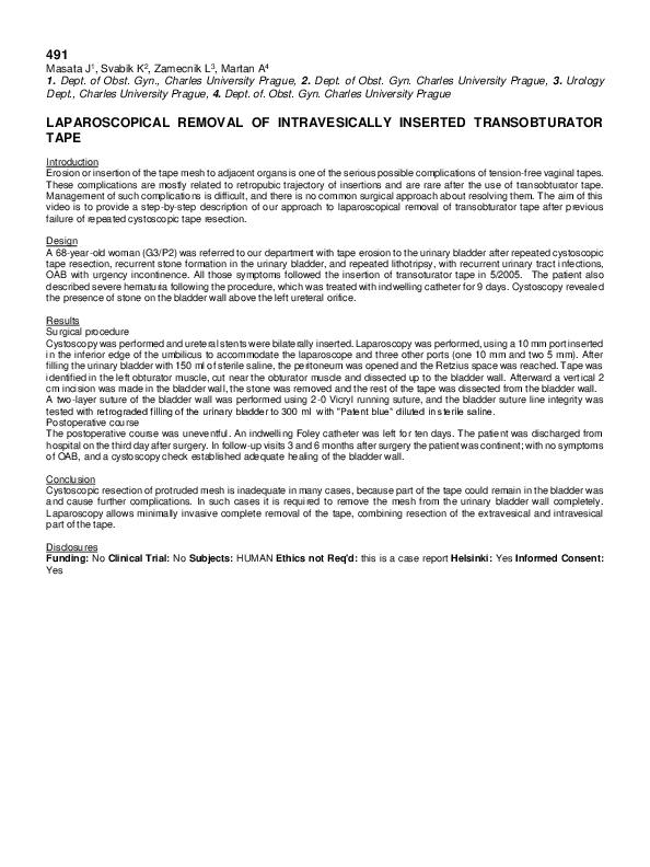 (PDF) Laparoscopic removal of intravesically inserted transobturator tape