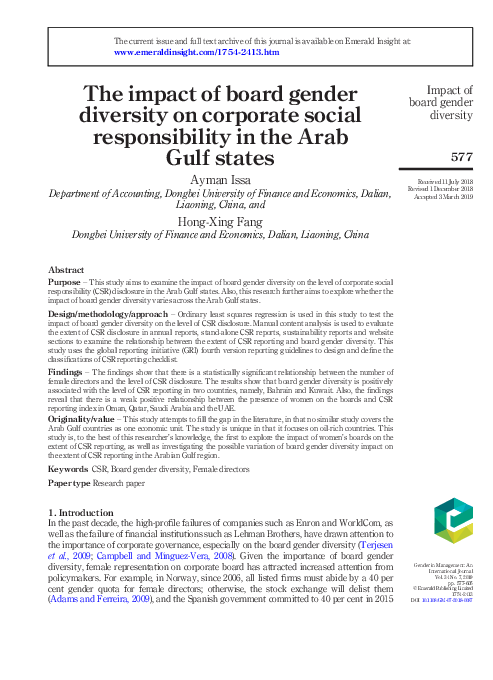 (PDF) The impact of board gender diversity on corporate social ...