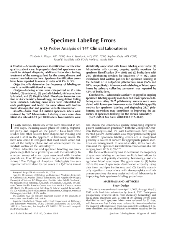 (PDF) Specimen labeling errors a Qprobes analysis of 147 clinical laboratories Stephen Raab