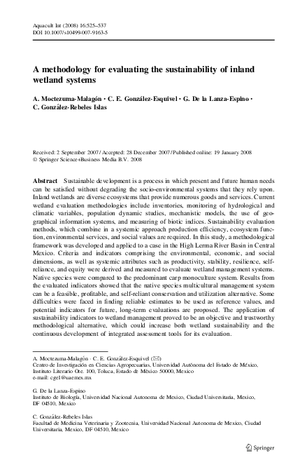(PDF) A methodology for evaluating the sustainability of inland wetland ...