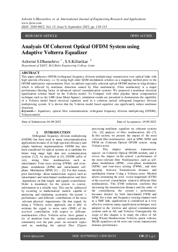 (PDF) Analyais Of Coherent Optical OFDM System using Adaptive Volterra ...
