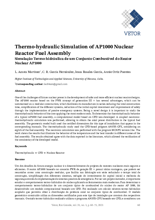 (PDF) Thermo-hydraulic Simulation of AP1000 Nuclear Reactor Fuel Assembly