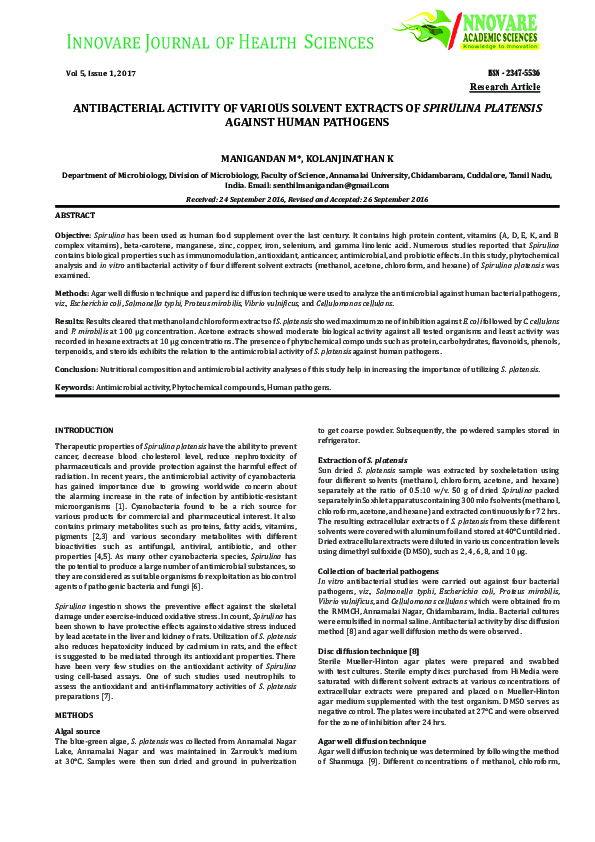 (PDF) Antibacterial Activity of Various Solvent Extracts of Spirulina ...