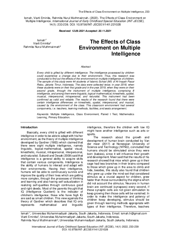 (PDF) The Effects of Class Environment on Multiple Intelligence