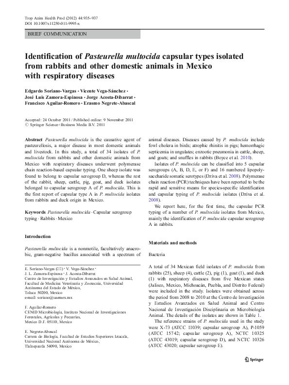 (PDF) Identification of Pasteurella multocida capsular types isolated ...