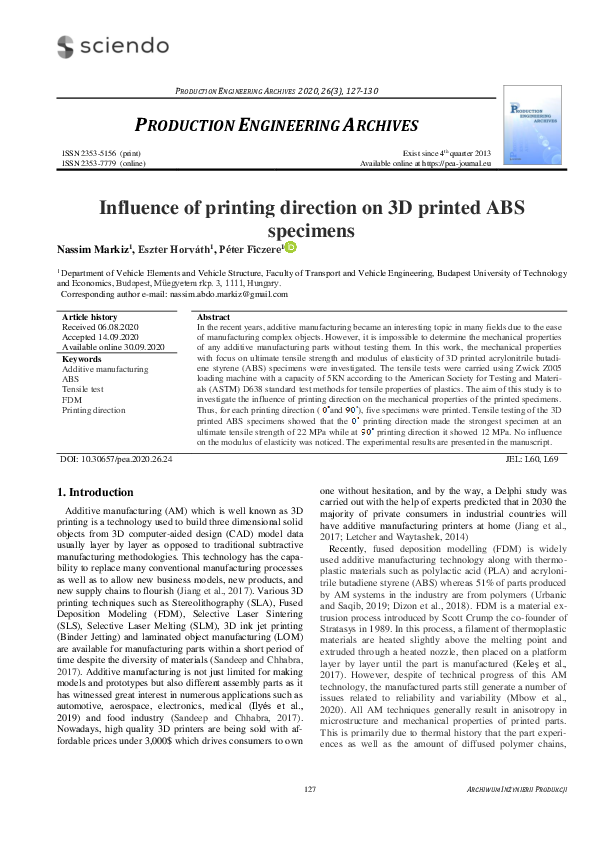 (PDF) Influence of printing direction on 3D printed ABS specimens