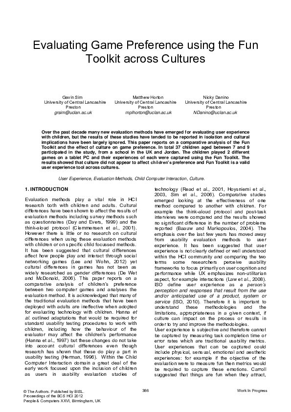 (PDF) Evaluating Game Preference using the Fun Toolkit across Cultures