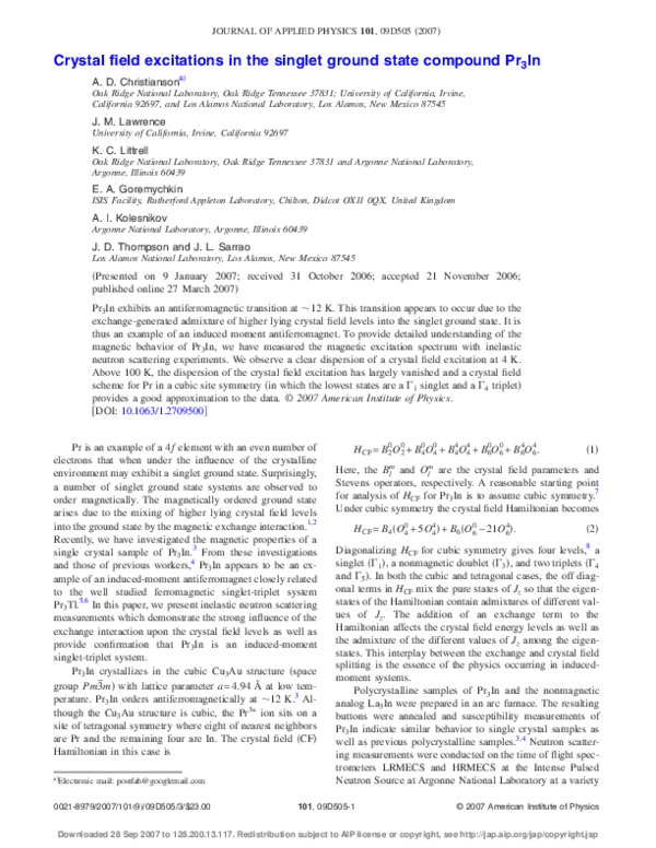 (PDF) Crystal field excitations in the singlet ground state compound Pr3In