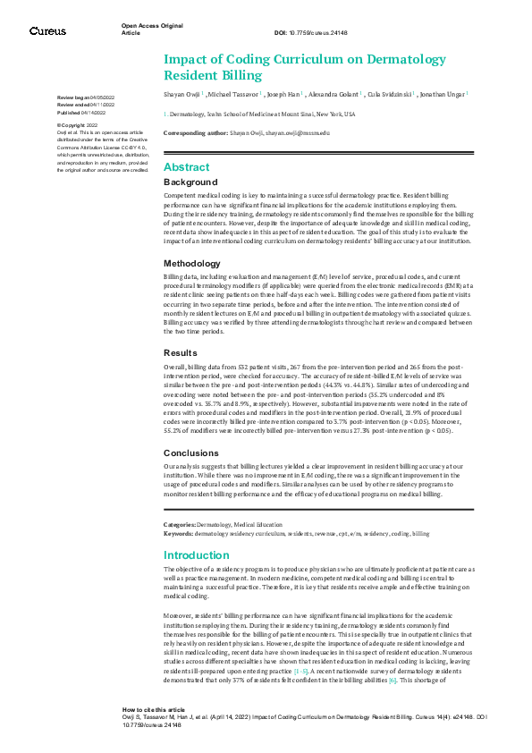 (PDF) Impact of Coding Curriculum on Dermatology Resident Billing
