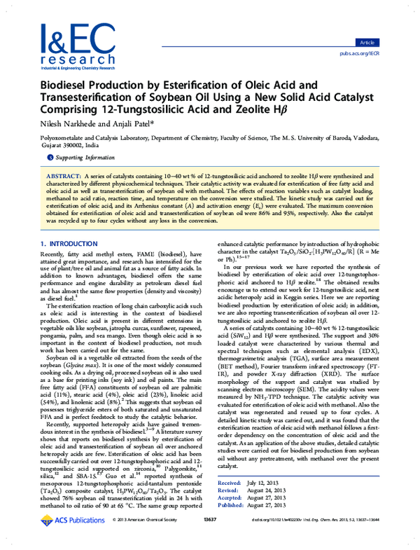 (PDF) Biodiesel Production by Esterification of Oleic Acid and ...