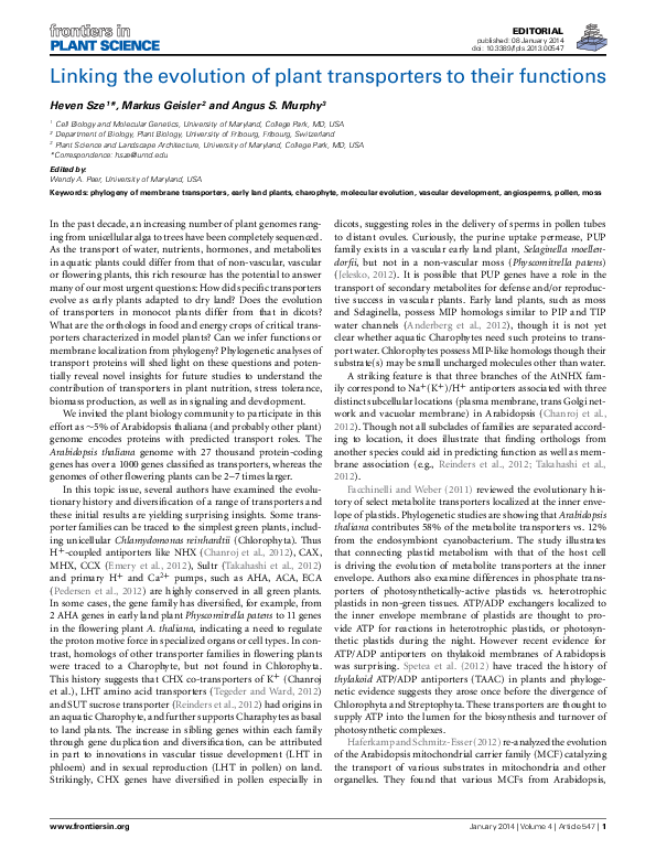 (PDF) Linking the evolution of plant transporters to their functions
