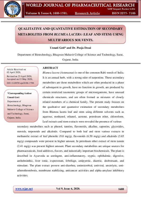 (PDF) QUALITATIVE AND QUANTATIVE ESTIMATION OF SECONDARY METABOLITES ...