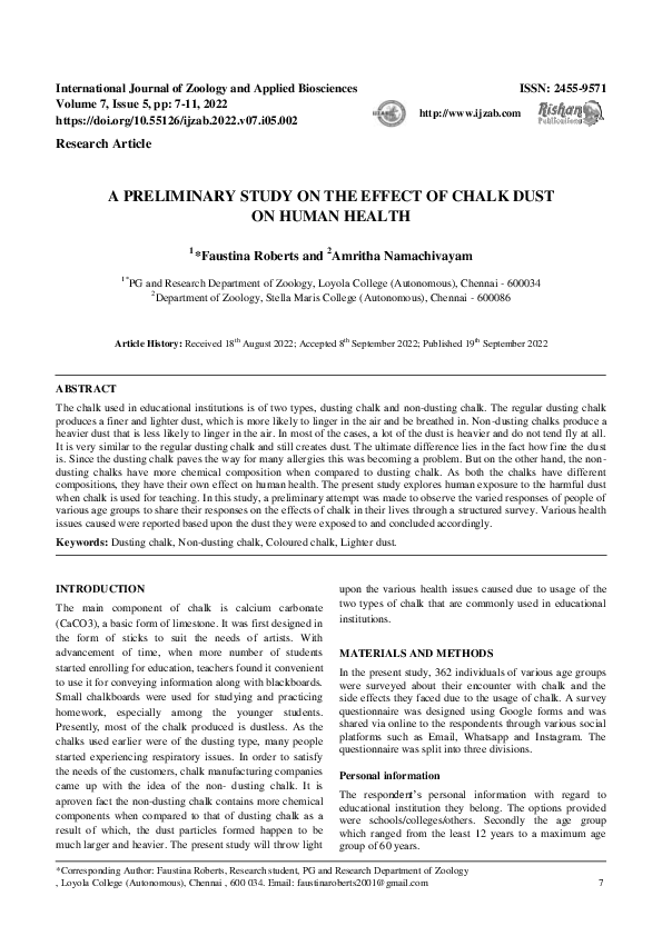 (PDF) A PRELIMINARY STUDY ON THE EFFECT OF CHALK DUST ON HUMAN HEALTH