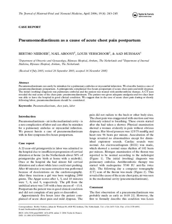 (PDF) Pneumomediastinum as a cause of acute chest pain postpartum