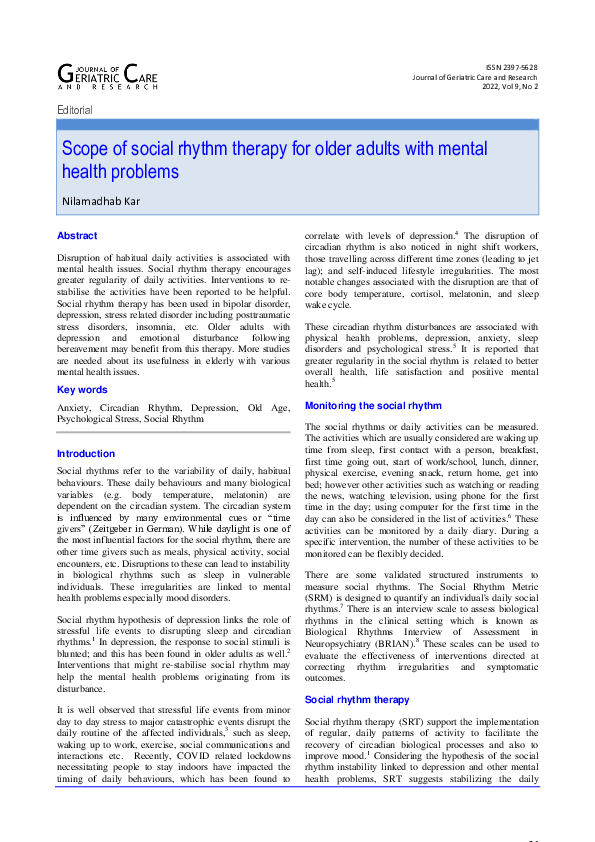 (PDF) Scope of social rhythm therapy for older adults with mental ...