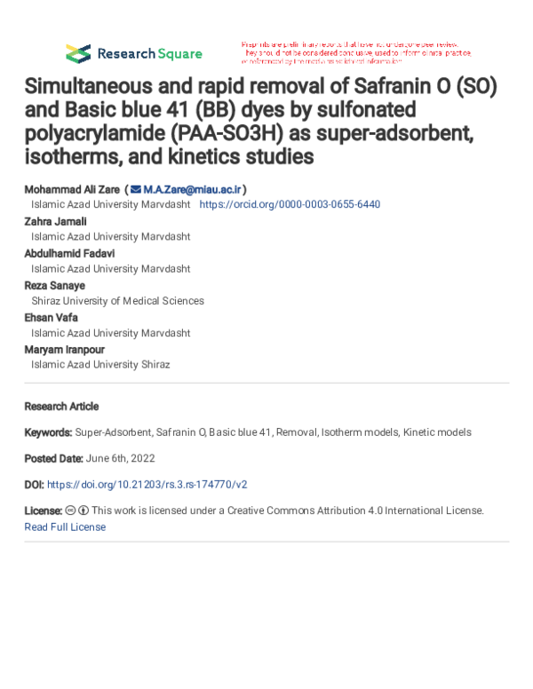 (PDF) Simultaneous and rapid removal of Safranin O (SO) and Basic blue ...