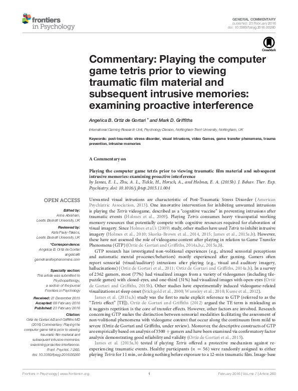 (PDF) Commentary: Playing the computer game tetris prior to viewing ...