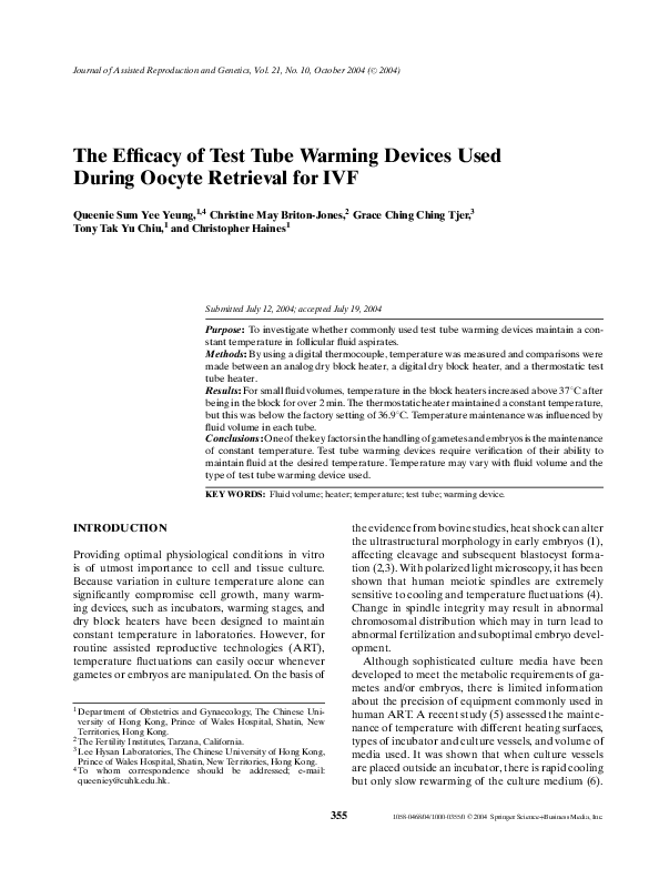 (PDF) The Efficacy of Test Tube Warming Devices Used During Oocyte ...