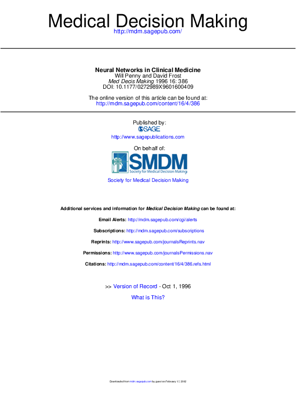 (PDF) Neural Networks in Clinical Medicine