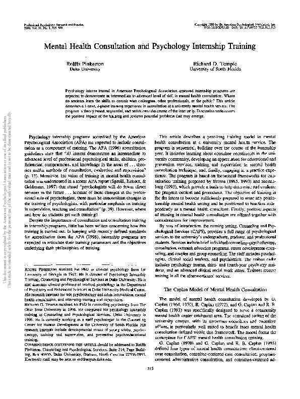 (PDF) Mental health consultation and psychology internship training
