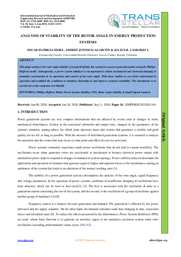 (PDF) Analysis of Stability of the Rotor Angle in Energy Production Systems