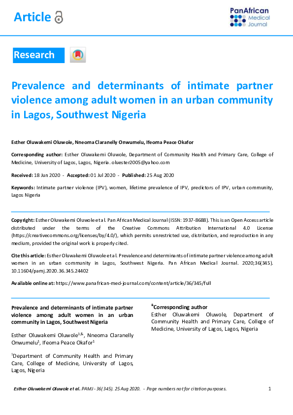 (PDF) Prevalence and determinants of intimate partner violence among ...