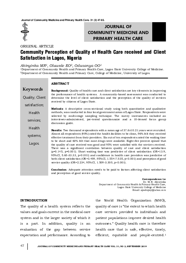(PDF) Community perception of quality of health care received and ...