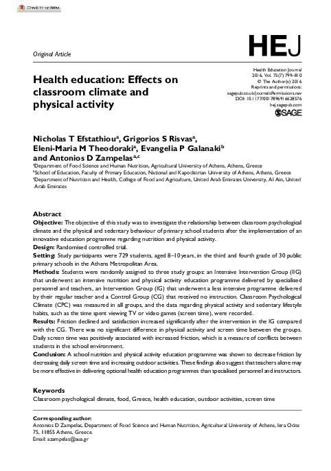 (PDF) Health education: Effects on classroom climate and physical activity