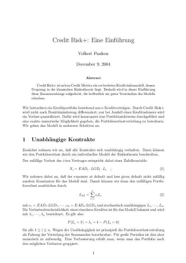 (PDF) Credit Risk+: Eine Einführung