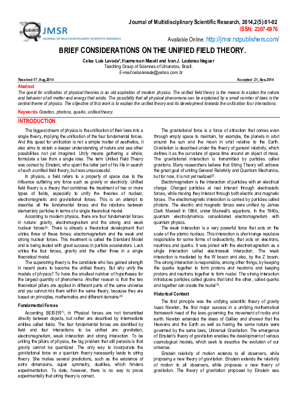 (PDF) Brief Considerations on the Unified Field Theory Celso Luis