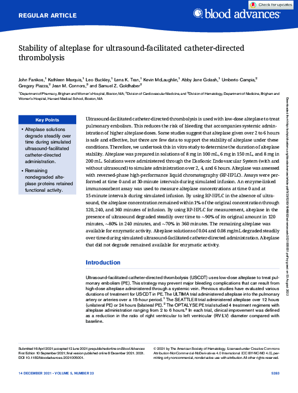 (PDF) Stability of alteplase for ultrasoundfacilitated catheter