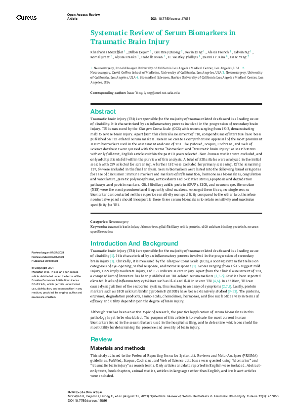 (PDF) Systematic Review of Serum Biomarkers in Traumatic Brain Injury