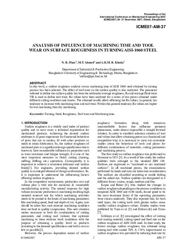 (PDF) Analysis of Influence of Machining Time and Tool Wear on Surface ...