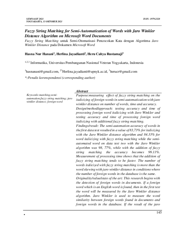 (PDF) Fuzzy String Matching for Semi-Automatication of Words with Jaro ...