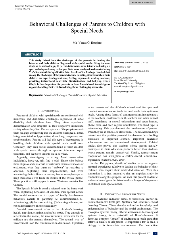 (PDF) Behavioral Challenges of Parents to Children with Special Needs