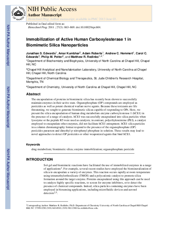 (PDF) Immobilization of active human carboxylesterase 1 in biomimetic ...