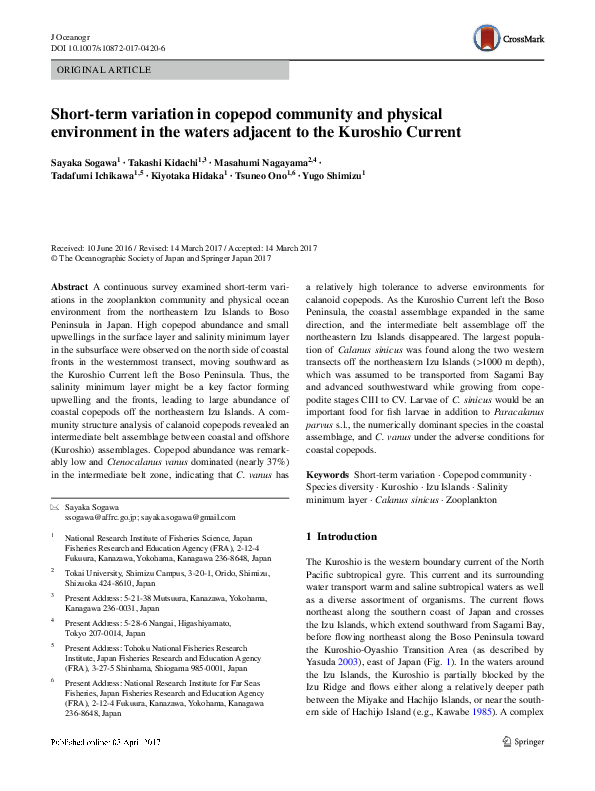 (PDF) Short-term variation in copepod community and physical ...
